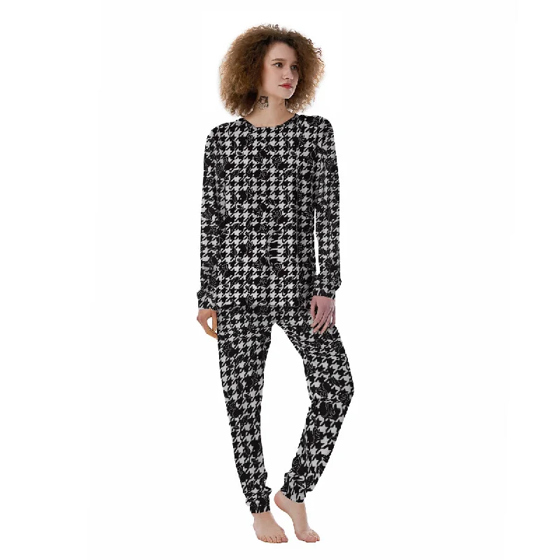 Houndstooth And Black Rose Print Pattern Women's Pajamas Bridal pajama sets