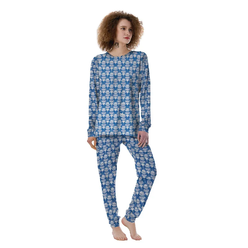 Hourglasses White And Blue Print Pattern Women's Pajamas Cooling pajama sets