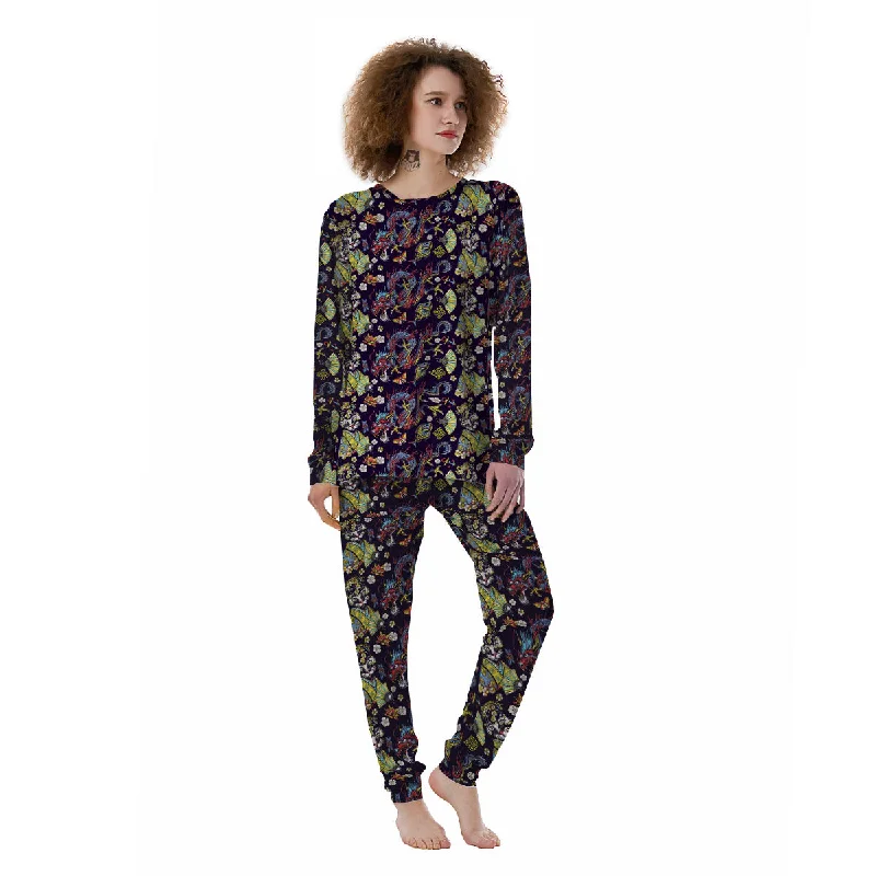 Japanese Dragons And Cat Tattoo Print Pattern Women's Pajamas Floral pajama sets