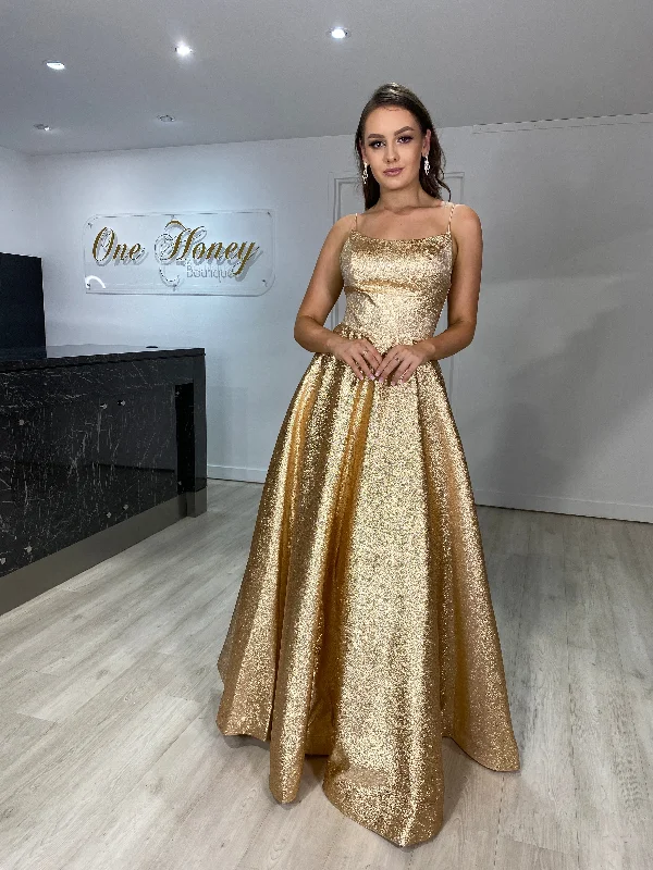 Honey Couture ADORA Gold Metallic Shimmer Lace Up Corset Back Formal Gown Dress Satin Lace Set