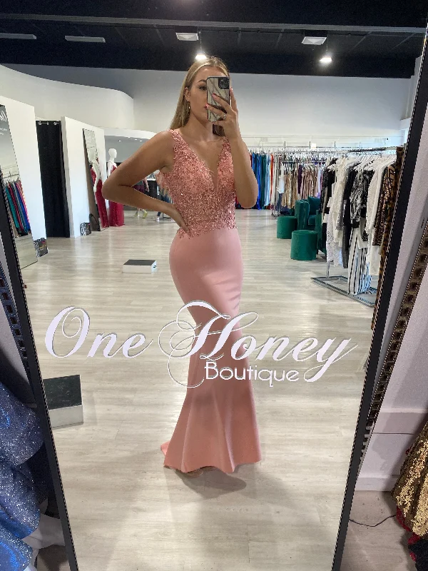 Honey Couture ISLA Pink Beaded Lace Bust Formal Dress Elegant Gown Robe