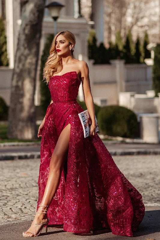 Tina Holly Couture Designer TK310 Wine Red Glitter Formal Dress w Over Skirt Warm Robe Gown