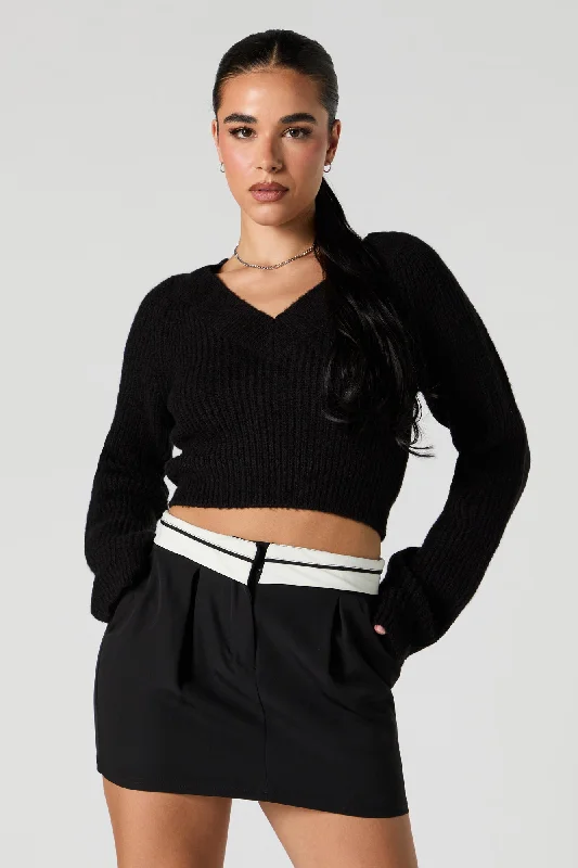 Ribbed Knit V-Neck Cropped Sweater Zip-up sweaters