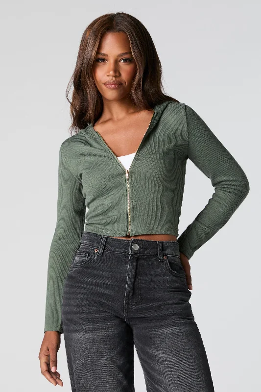 Ribbed Zip-Up Cropped Hoodie V-neck sweaters