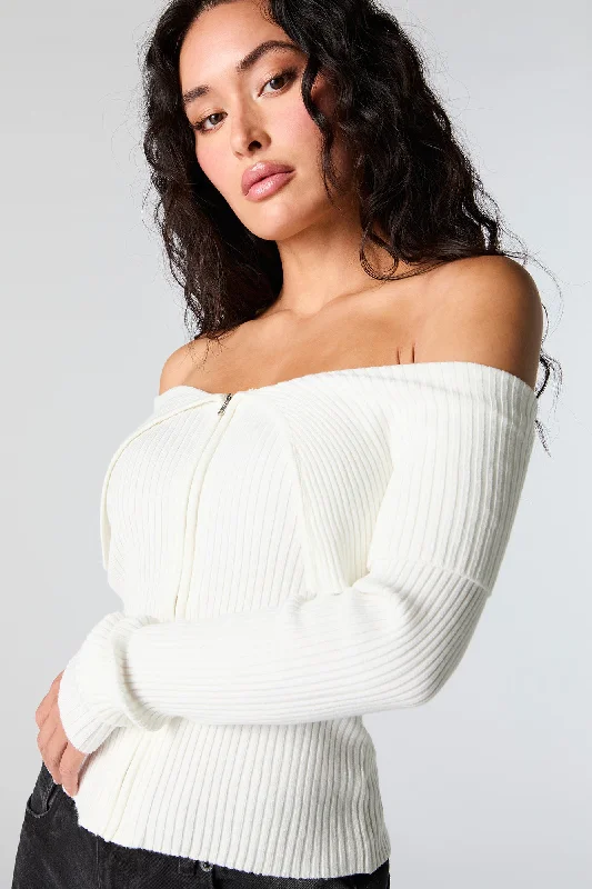 Ribbed Knit Zip-Up Off Shoulder Sweater Adidas sweaters