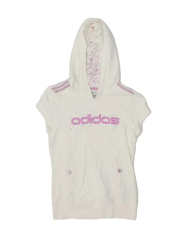 ADIDAS Womens Graphic Short Sleeve Hoodie Jumper UK 12 Medium  White Women's sweaters