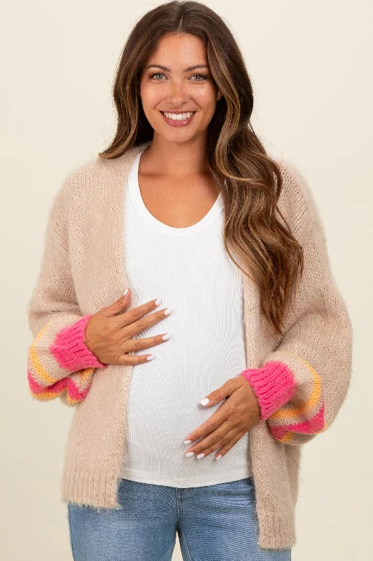 Beige Brushed Knit Striped Sleeve Maternity Cardigan Moisture-wicking sweaters