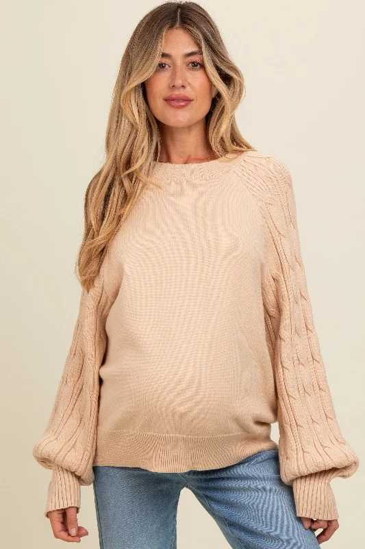 Beige Contrast Cable Knit Sleeve Maternity Sweater Discounted sweaters