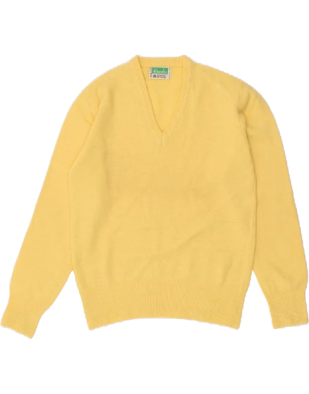 BENETTON Womens V-Neck Jumper Sweater UK 10 Small Yellow New Wool Edgy sweaters