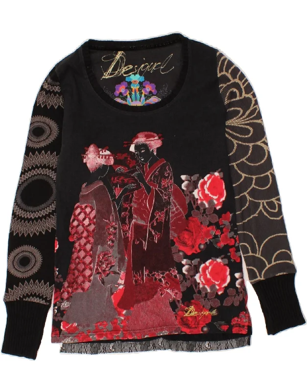 DESIGUAL Womens Crew Neck Jumper Sweater UK 10 Small Black Floral Cotton North Face sweaters