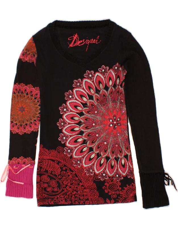 DESIGUAL Womens Graphic V-Neck Jumper Sweater UK 4 XS Black Floral Work sweaters