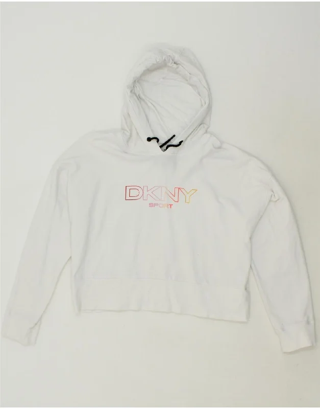 DKNY Womens Crop Graphic Hoodie Jumper UK 14 Large White Cotton Edgy sweaters