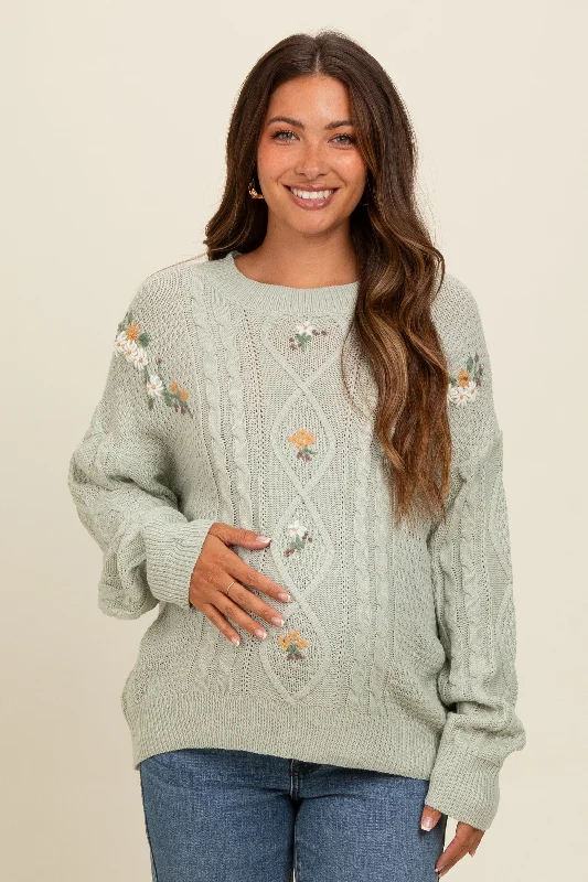 Mint Green Embroidered Flower Cable Knit Maternity Sweater V-neck sweaters