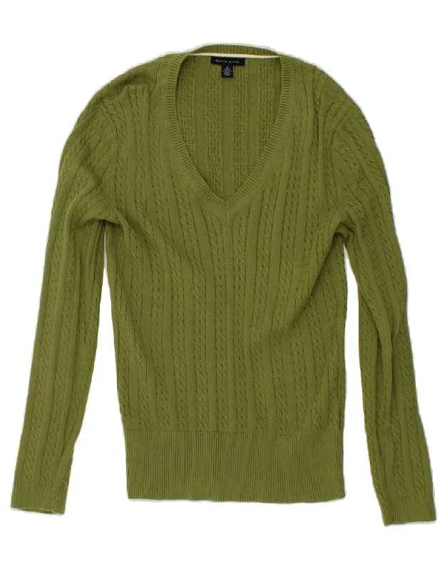 TOMMY HILFIGER Womens V-Neck Jumper Sweater UK 12 Medium Green Cotton Best sweaters for travel