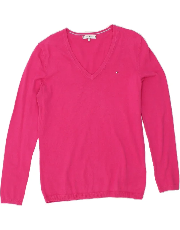 TOMMY HILFIGER Womens V-Neck Jumper Sweater UK 14 Large Pink Cotton Fashionable sweaters