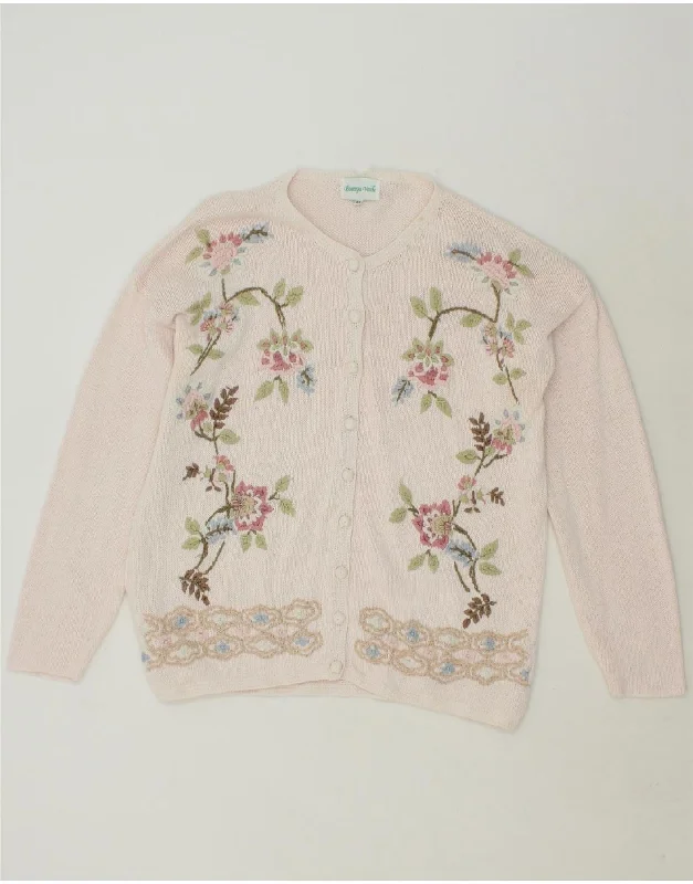 VINTAGE Womens Oversized Cardigan Sweater US 3 Small Pink Floral Ramie H&M sweaters