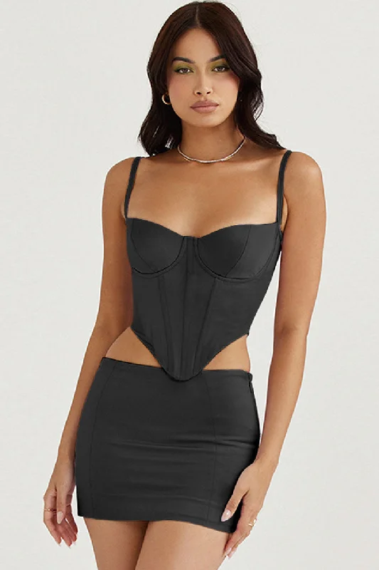 Crop Bustier Satin Top Low Waist Two Piece Mini Dress - Black Sexy mini dresses