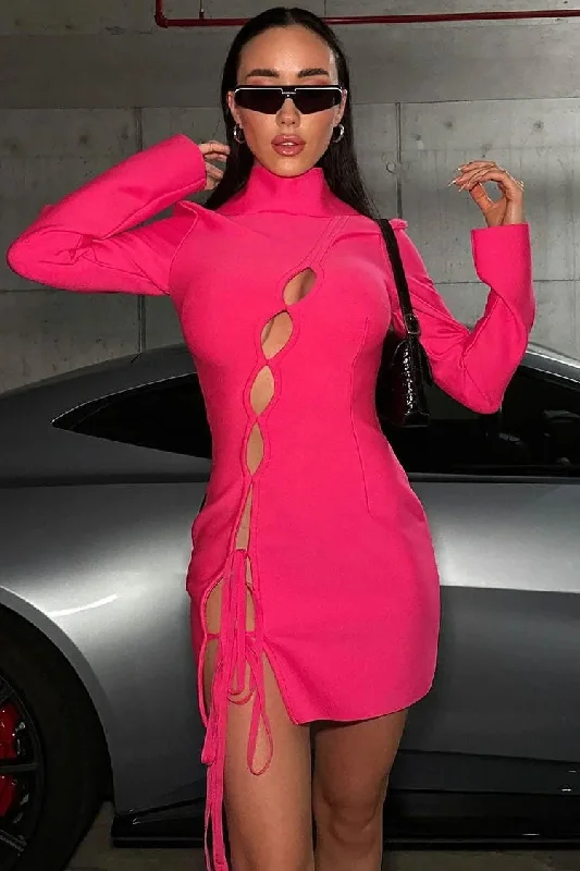 Cutout Bow Tie High Neck Long Sleeve Bandage Mini Dress - Hot Pink Comfortable mini dresses for everyday wear