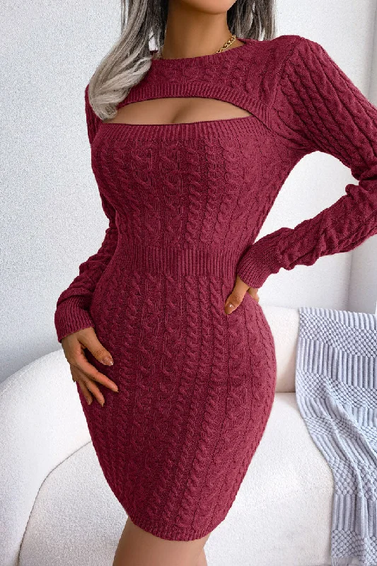 Cutout Fisherman Cable Knit Bodycon Sweater Mini Dress - Burgundy Anniversary mini dresses