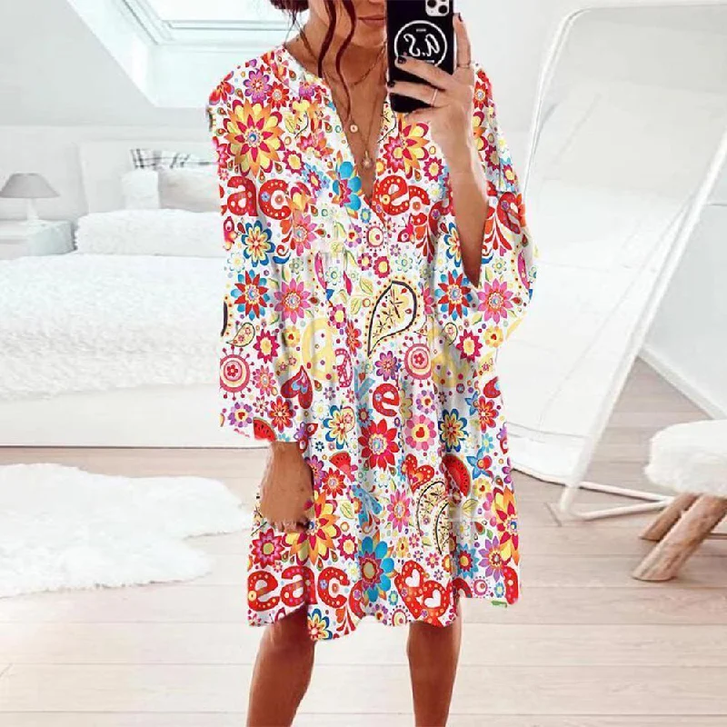 Glamorous V-Neck Long Sleeve Printed Mini Dress- Festival mini dresses