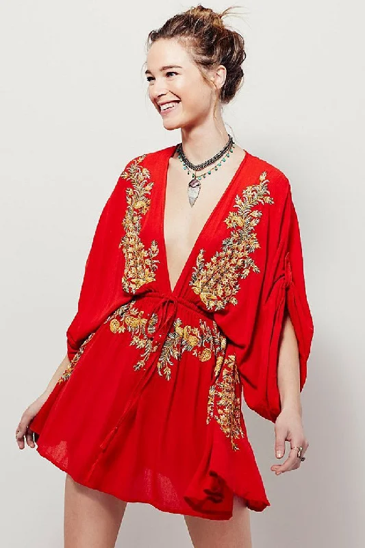 Retro Embroidered Deep V Sleeved Boho Style Mini Dress - Red Elegant mini dresses