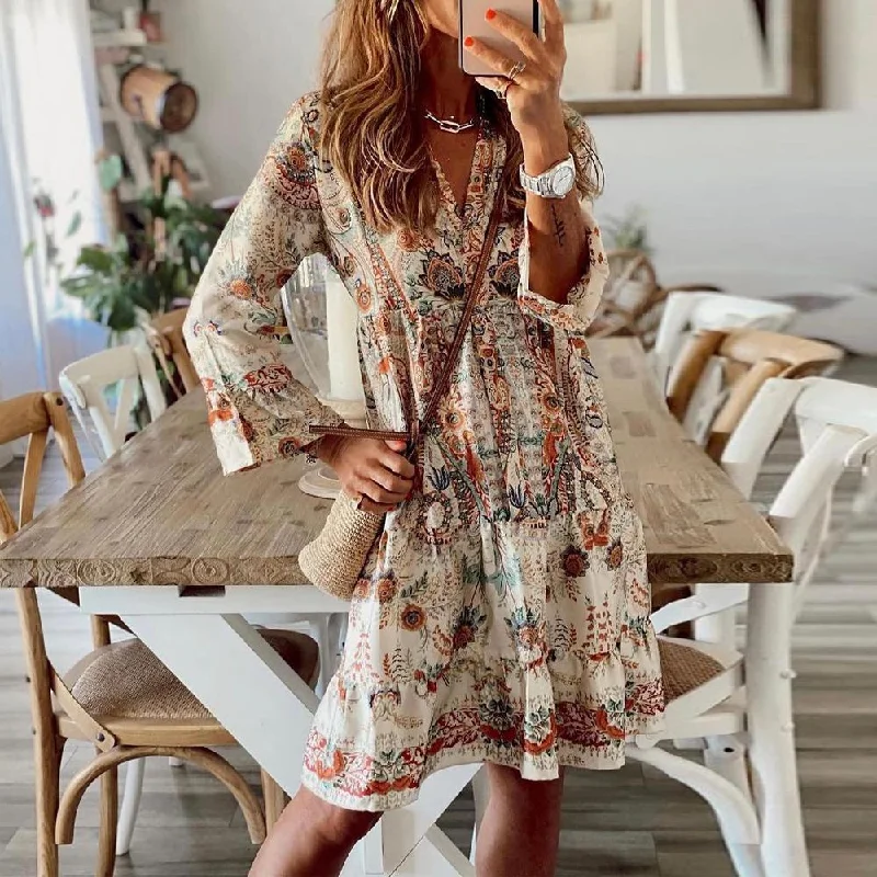 Retro Print V-Neck Long Sleeve Mini Dress Denim mini dresses