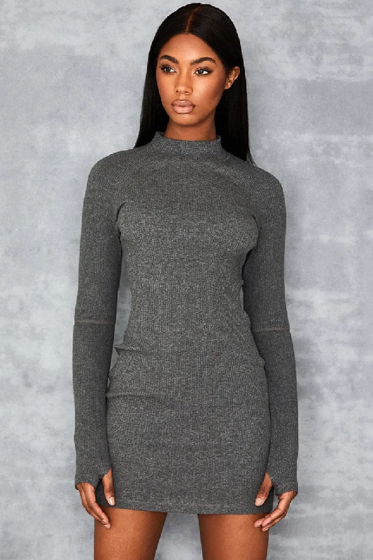 Ribbed High Neck Cut Out Long Sleeve Bodycon Mini Dress -Gray Best mini dresses for curvy figures