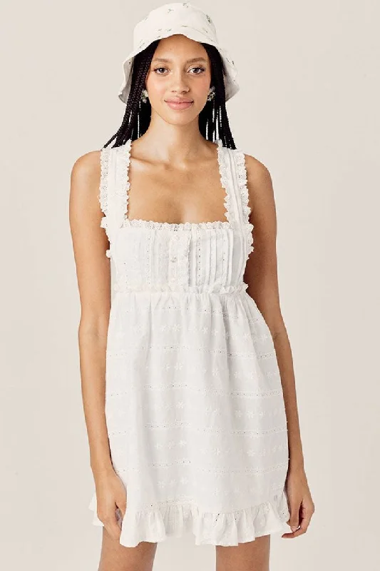 Ruffle Eyelet Floral Embroidered Sleeveless Babydoll Mini Dress - White Casual mini dresses