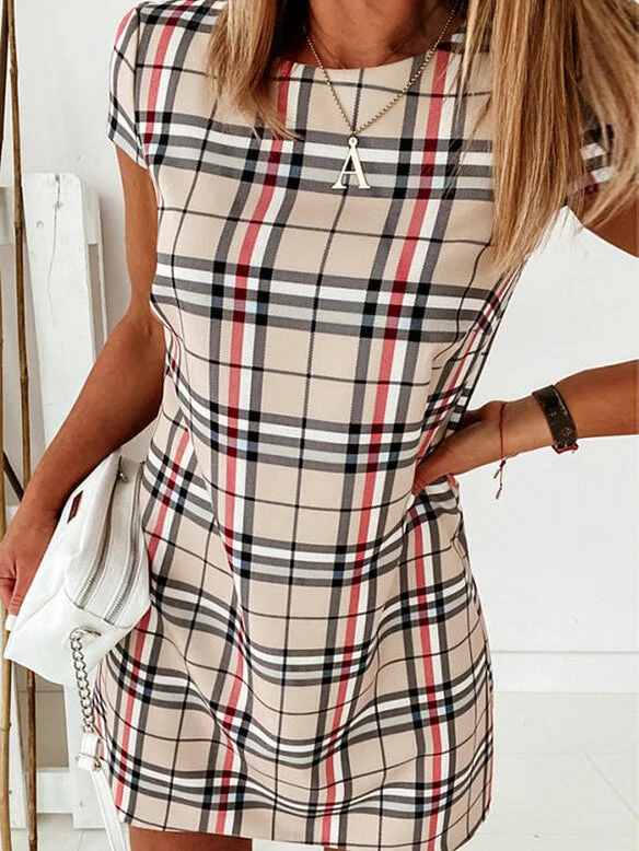 Short Sleeve Round Neck Plaid Mini Dress Clubbing mini dresses