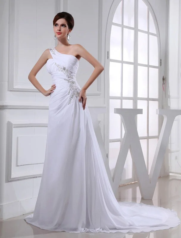 A-Line/Princess Beading One-shoulder Sleeveless Chiffon Applique Wedding Dresses Princess Wedding Dress