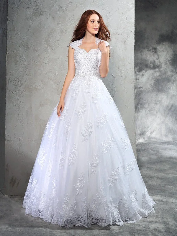 Ball Gown Sweetheart Lace Sleeveless Long Organza Wedding Dresses Soft Lace Gown