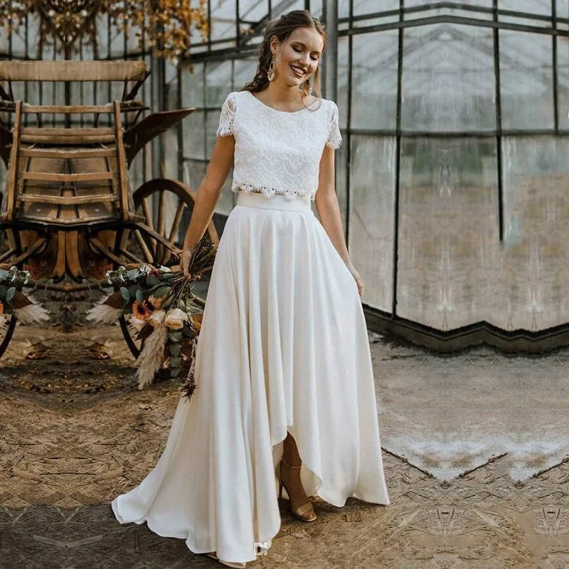 Wedding Dresses Two Pieces Lace Top with Short Sleeve Bridal Gown Soft Wedding Gown