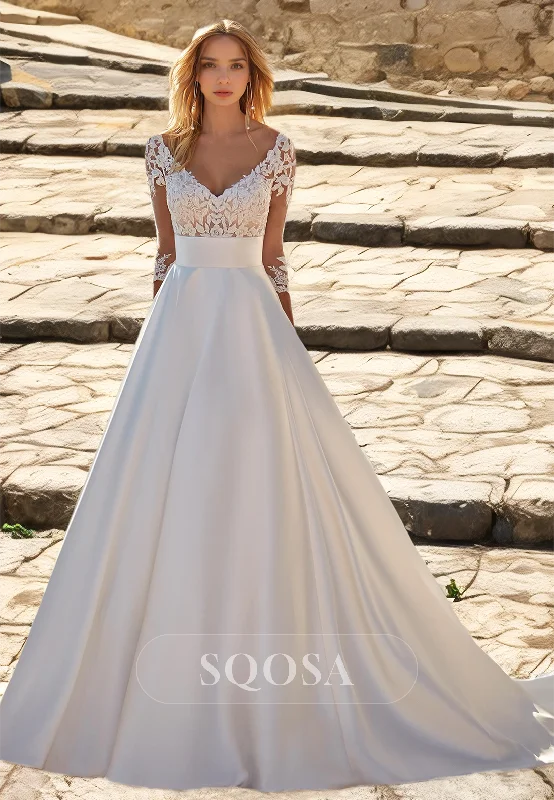 Half-Sleeves V-Neck Strapless Applique Sheer Satin A-Line Wedding Dress with Train Beaded Wedding Gown