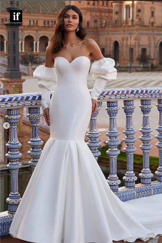 71137 - Modern Strapless Mermaid Sweetheart Sleeves Beach Wedding Dress with Train Modern Lace Gown