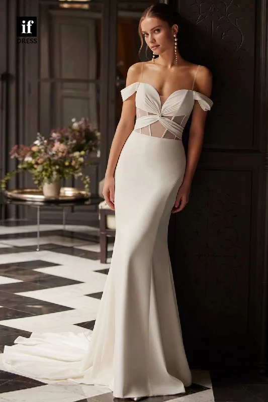 71138 - Sexy/Hot Mermaid/Trumpet V-Neck Cap Sleeves Beach Wedding Dress Off-shoulder Wedding Gown