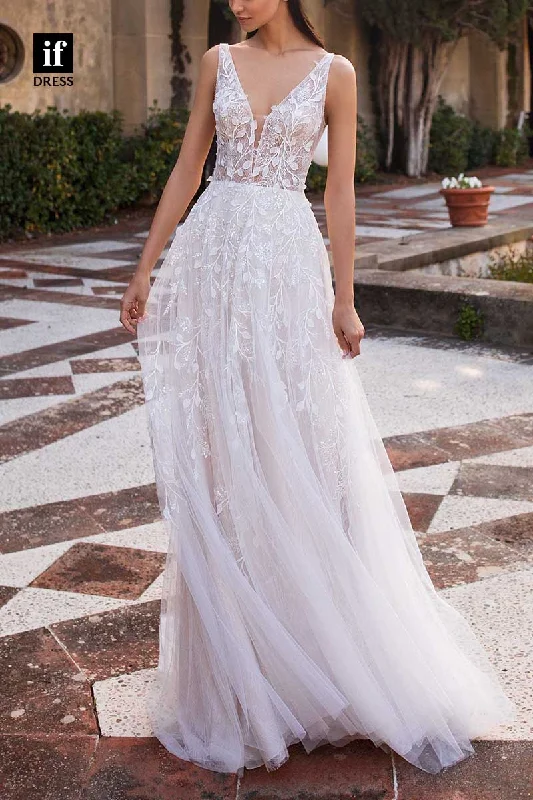 71188 - Vintage Straps V-Neck Lace Appliques Tulle Beach Wedding Dress Boho Chic Gown