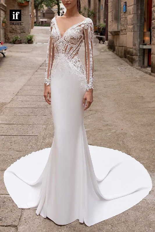 71190 - Elegant Long Sleeves V-Neck Lace Mermaid/Trumpet Bohemian Wedding Dress Embroidered Wedding Dress