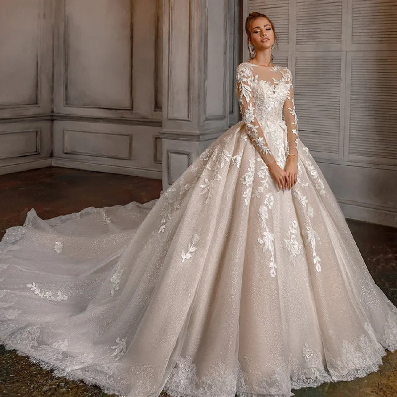 Elegant Ball Gown Beading Lace Wedding Dress Full Sleeve Princess Bridal Gown Empire Waist Gown