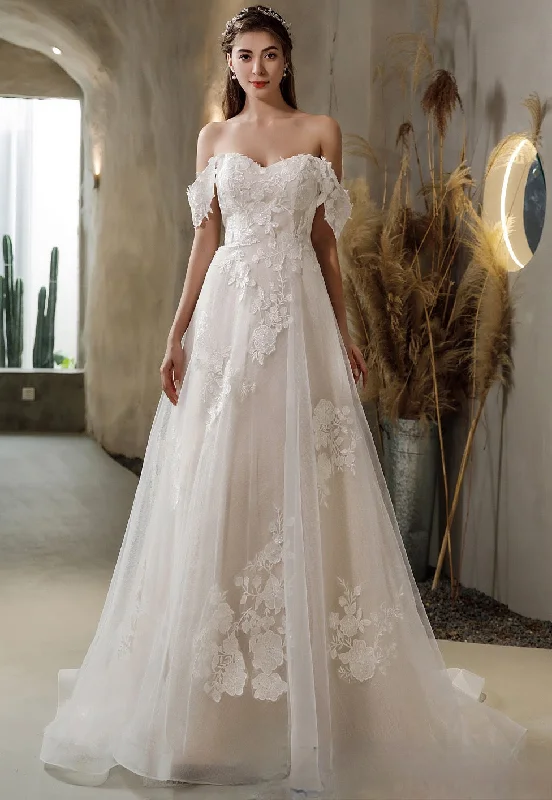 Floral Lace Wedding Dress With Detachable Off-The-Shoulder Straps Romantic Satin Dress