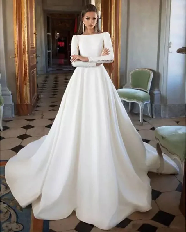 Gorgeous Boat Neck Long Sleeve Backless Wedding Dress Simple Satin Bridal Gown Short Wedding Gown