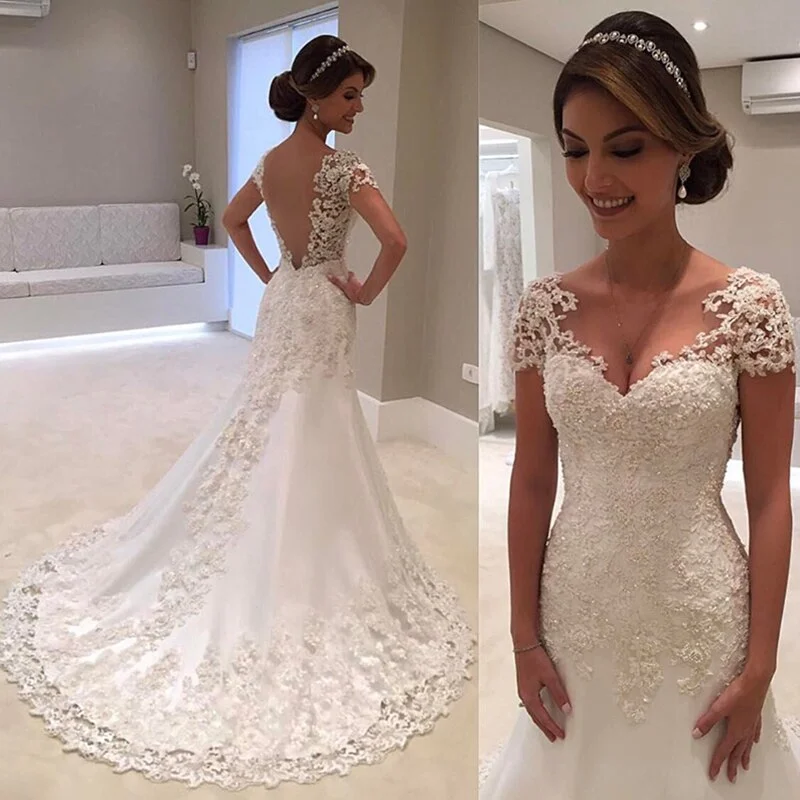 Illusion Cap Sleeve V-Neck Backless Lace Beaded Wedding Dresses Women Sheath Bridal Gowns Luxury Wedding Dress