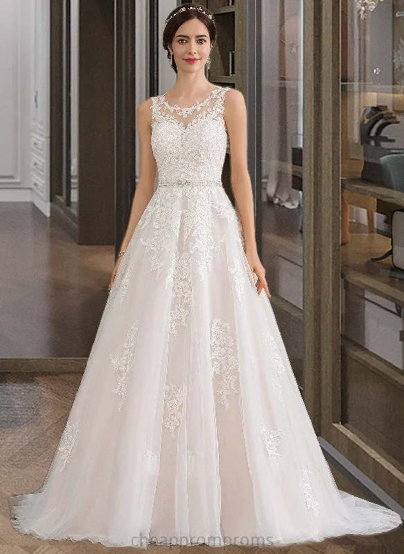 Kaitlin Ball-Gown/Princess Scoop Neck Court Train Tulle Wedding Dress With Beading Sequins STIP0013730 Full Skirt Gown