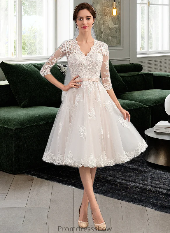 Lindsey A-Line V-neck Knee-Length Tulle Wedding Dress With Bow(s) STKP0013737 Simple Wedding Dress