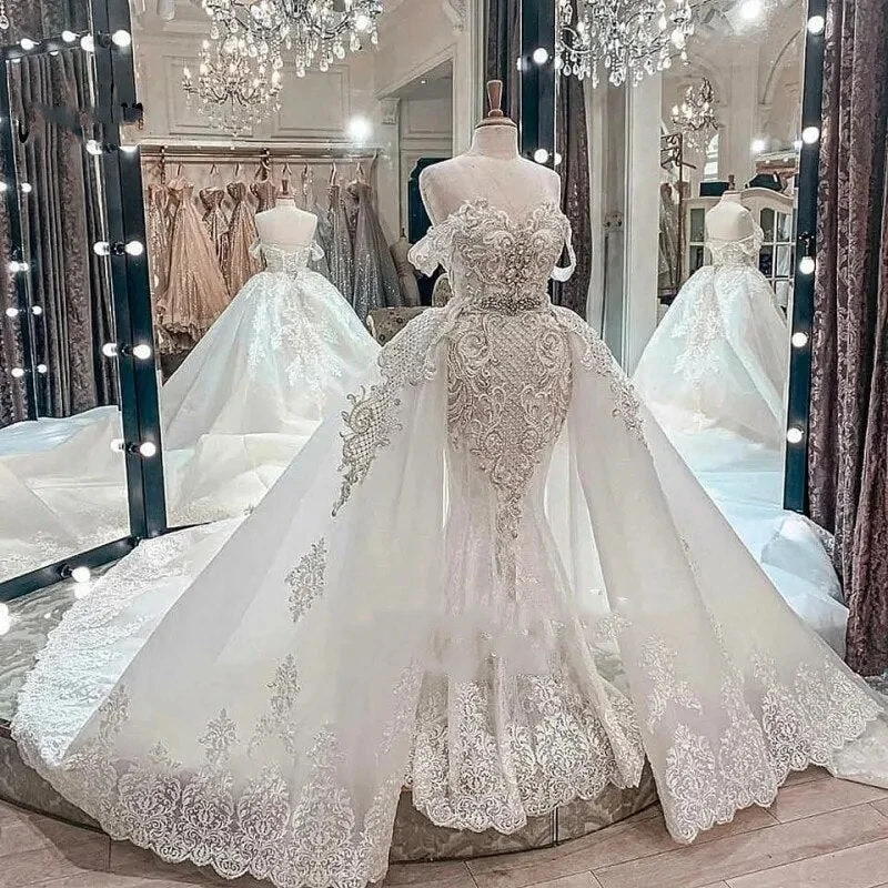 Luxury White Mermaid Wedding Dresses with Detachable Train Lace Applqiue Robe De Mariée Princess Bridal Gowns vestido de noiva Sleeveless Bridal Gown