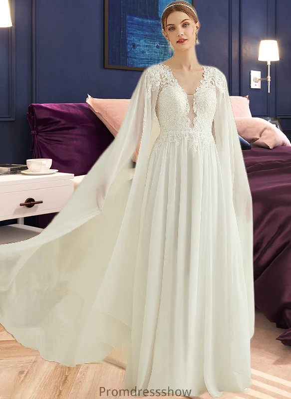 Melany A-Line V-neck Floor-Length Chiffon Lace Wedding Dress With Sequins STKP0013736 Empire Waist Gown