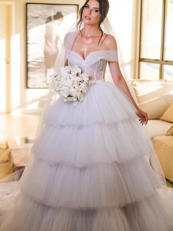 Off-The-Shoulder Ivory Tulle Ball Gown Long Cheap Wedding Dresses, WDS0066 Elegant Satin Dress