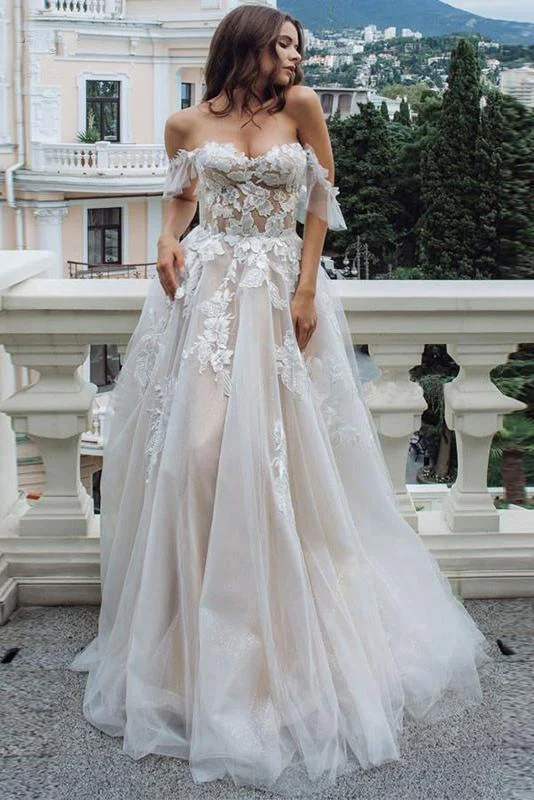 Princess A Line Off the Shoulder Sweetheart Beach Wedding Dresses with Appliques STI15585 Simple Wedding Gown