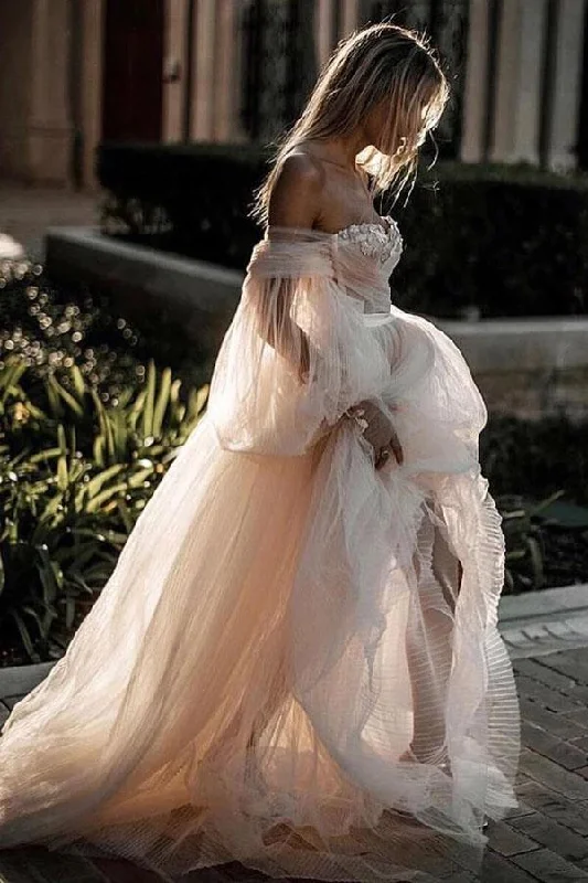 Princess Long Puff Sleeves Off the Shoulder Tulle Wedding Dresses, Beach Wedding Gowns STI15298 Open Back Dress