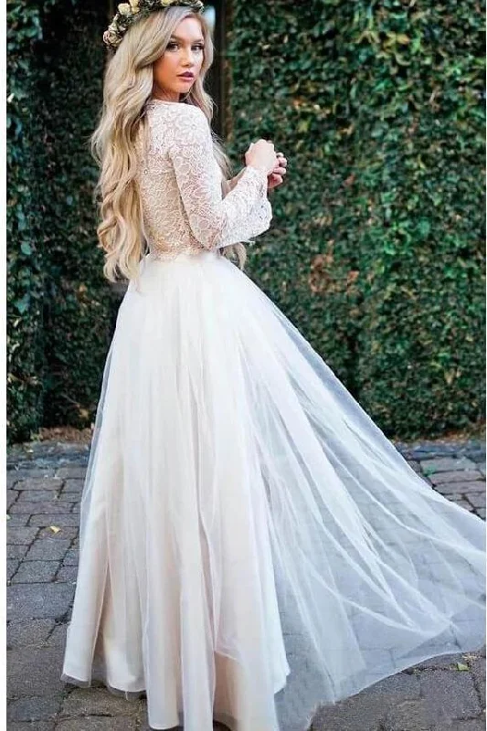 Princess Long Sleeve Lace Top Beach Wedding Dresses With Slit Tulle Ivory Wedding Gowns STI15299 Strapless Wedding Gown