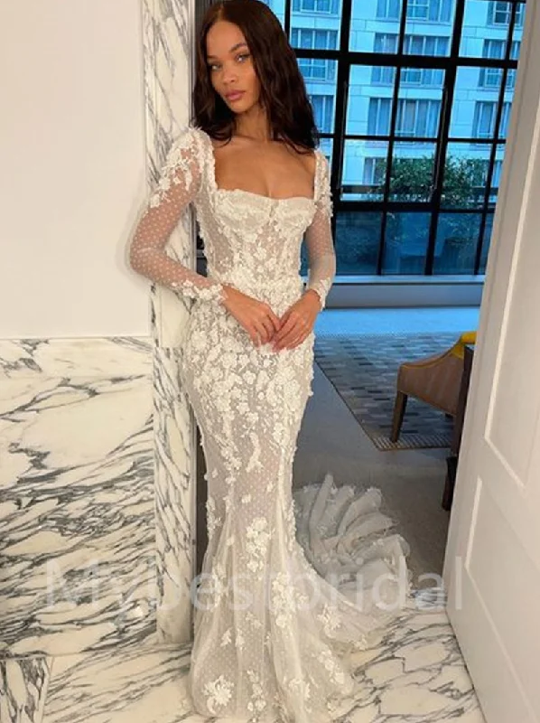 Sexy Square neckline Long sleeves Mermaid Lace applique Wedding Dresses, WDY0205 Ball Gown Wedding